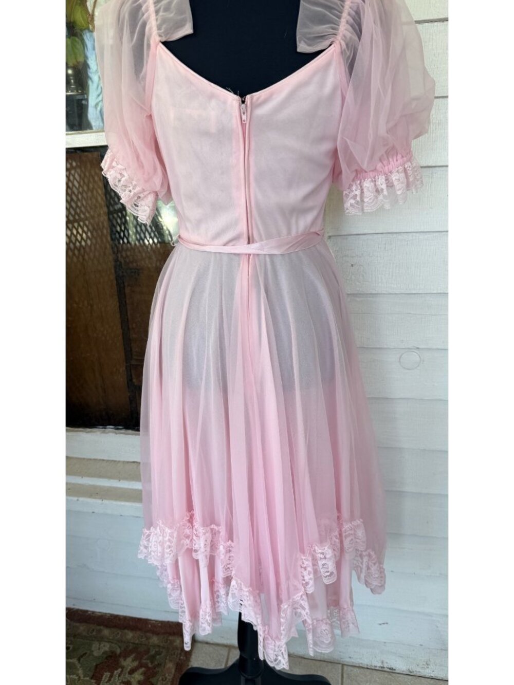 Vintage 80s Bubble Gum Pink Sheer Nylon & Lace Party Dress Balloon Sleeves Sz M - Picture 16 of 16